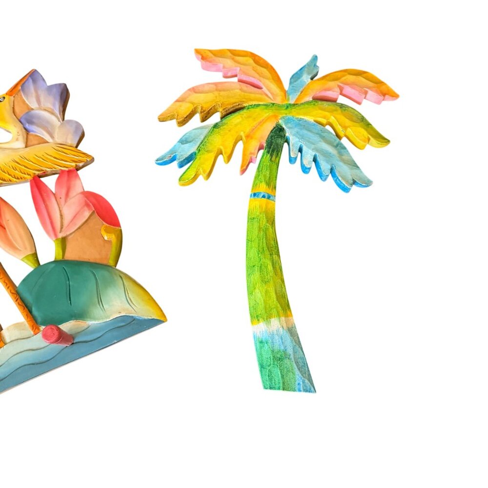 Hand-Painted Wooden Coastal Wall Decor - Flamingo & Palm Tree Set - Tropical The - Picture 4 of 6